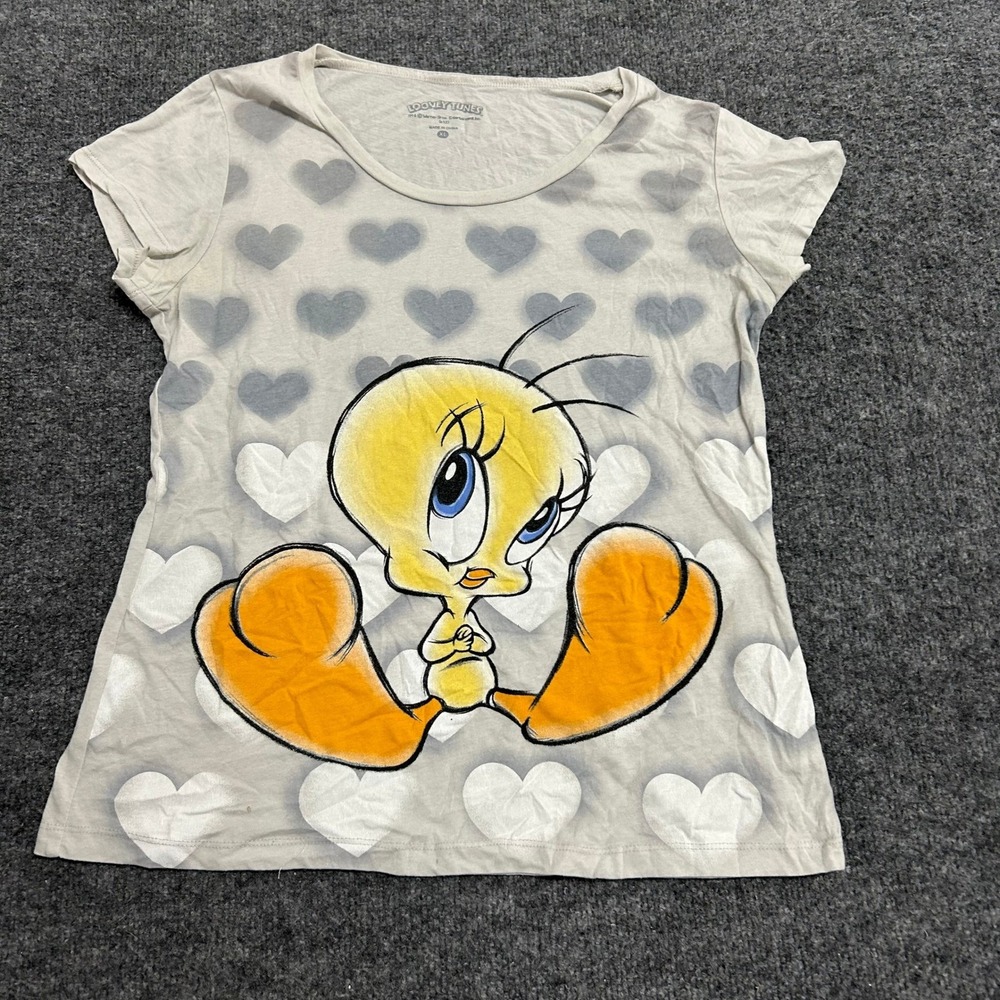 Looney Tunes T-Shirt Womens XL Gray Tweety Bird Heart Print Sleepwear Top